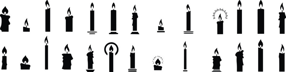 Fototapeta premium Set of candles for birthday cake or pie vector illustration. Holiday candle collection with burning flames in night, candlelight on wicks, celebration objects