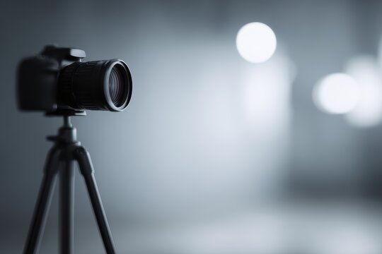 Professional camera mounted on tripod inside photo studio, softbox lights visible
