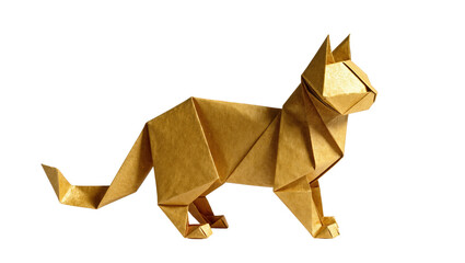 Beautifully folded golden origami cat figurine stands elegantly, showcasing intricate paper art