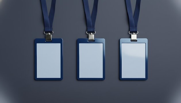 Three blank blue ID badge holders with lanyards on dark background