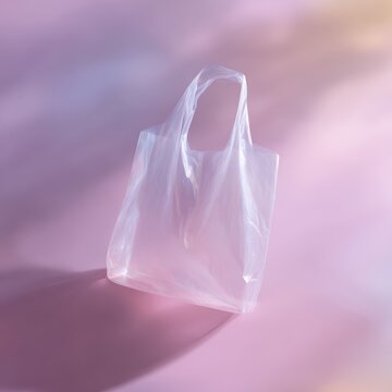 Transparent disposable plastic bag floating on pastel background, minimal shadow, product style
