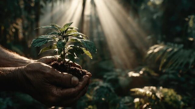 Hands Holding Fresh Soil with Young Plant Under Sunlight in Lush Green Forest Environment