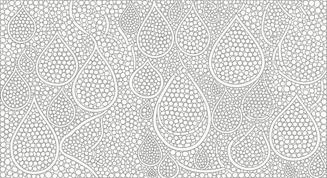 A repeating pattern of teardrop shapes filled with tiny circles on a white background