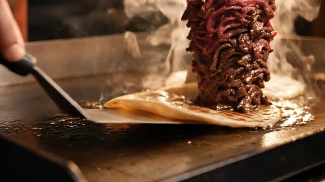 Chef grilling meat from a vertical spit onto a tortilla on a hot griddle with steam rising, a close-up shot