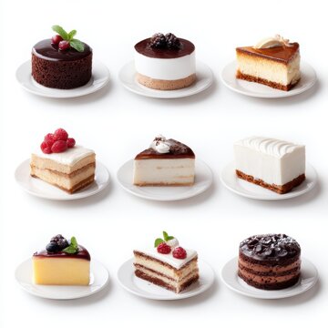 Set of assorted cakes isolated on white background