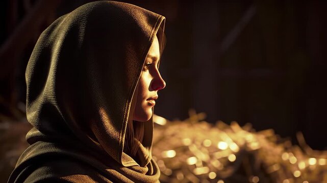 Woman in hooded cloak with hay