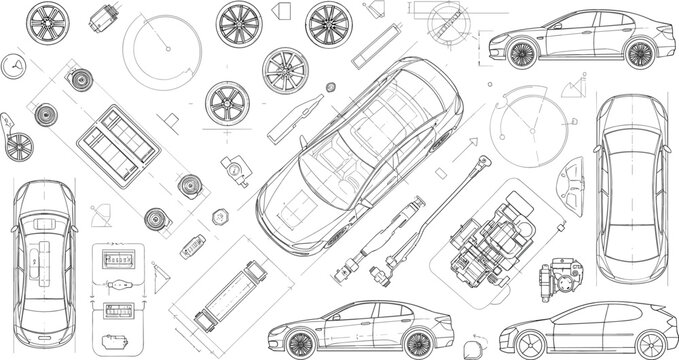 Car blueprint engineering set with vehicle parts, technical drawing of automobile components, wheels engine and chassis top side views vector illustration