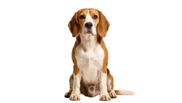 Purebred Beagle dog sitting attentively, looking directly at the camera with a calm expression.