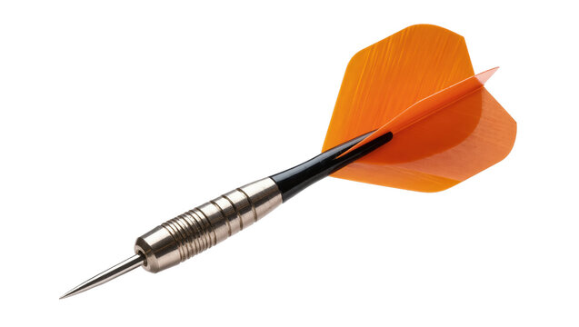 Close-up of a professional steel tip dart with vibrant orange flights, ready for play