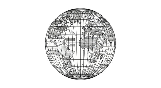 Detailed line drawing of Earth globe showing continents, oceans, and grid lines