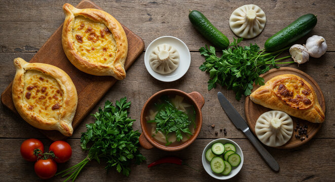 Imereti khachapuri, khinkali and soup kharcho on table with vegetables