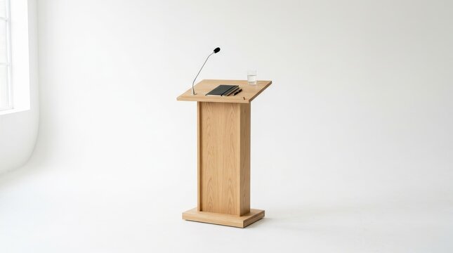 Wooden lectern with microphone.