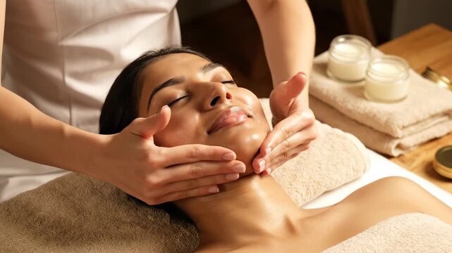 young indian woman enjoying facial massage in spa salon. professional cosmetologist hands applying cream on female face. skin care treatment and wellness procedure. beauty therapy.