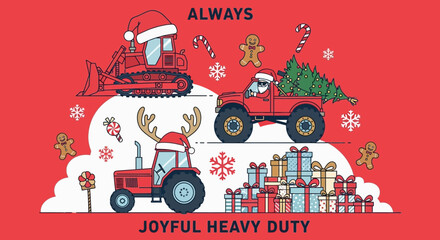 Joyful Heavy Duty Christmas Illustration with Santa Driving Monster Truck, Bulldozer, and Tractor © Nadia