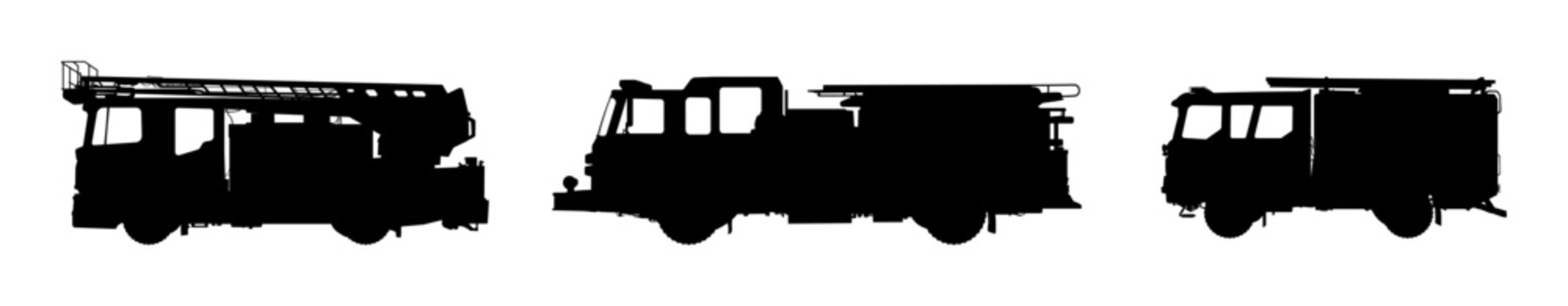 Fire truck silhouettes set. Vector illustration of rescue vehicles, emergency fire engine transport