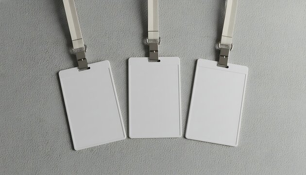 Three blank identity badges with lanyards on gray textured background