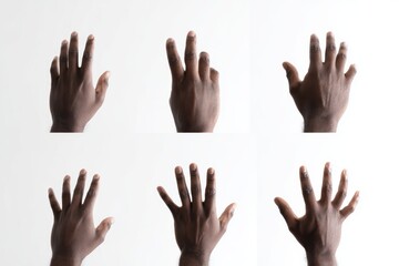 Fototapeta premium Afro-American man showing different hand gestures isolated on white background, close-up hands