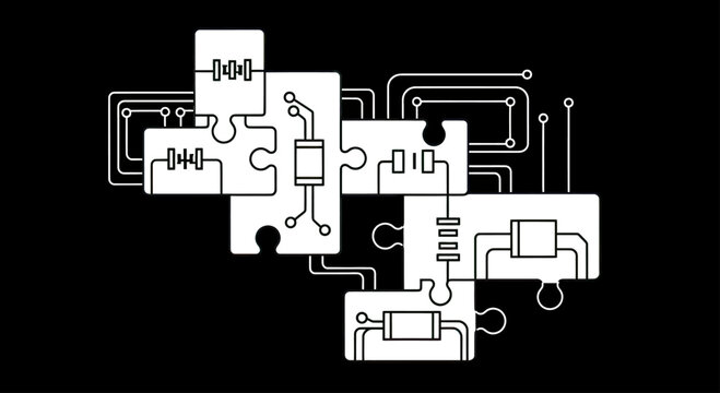 Interconnected puzzle pieces form a digital circuit with components