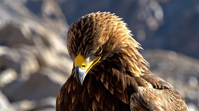 Majestic golden eagle in close up portrait with piercing eyes looks directly at the camera