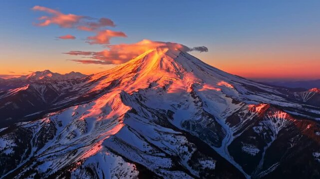 Epic aerial view of snow-capped mountain illuminated by the golden sunrise with soft clouds and clear skies