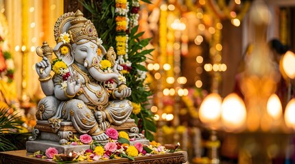 Fototapeta premium Intricate Ganesha Statue Adorned with Flowers in Festive Setting