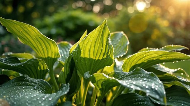 Sunlit Hosta Plant Leaves with Water Droplets in a Serene Garden Setting, Nature Background