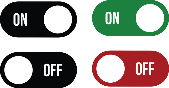 ON OFF toggles switch buttons vector set. Green and red On Off switcher icons. Modern web and mobile app switch button interface elements. Setting toggle icon design. Vector illustration.