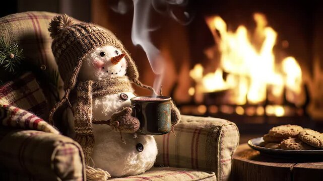 Snowman with hot drink by fireplace