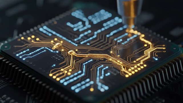 Close-up video of a laser engraving a semiconductor chip with liquid gold, 4k footage