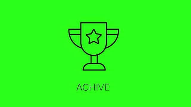 A black line drawing of a trophy on a green background with star and achive text