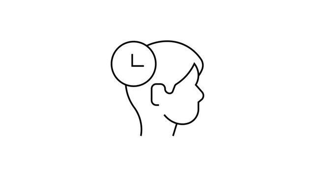 A simple line drawing of a head with a clock in thought on green background