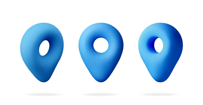 Blue plastic location pin icons set. 3d navigation map markers for digital map application interface and destination search. Isometric rendering for travel and logistics service. Vector illustration