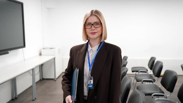 Portrait of a young female healthcare professional holding a folder and smiling at the camera in an empty conference hall, ready for a medical seminar or training event in a modern clinic
