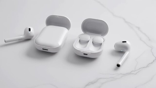Studio shot of white wireless earbuds with charging cases on marble surface