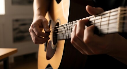 Obraz premium Close-up of Hands Playing Acoustic Guitar