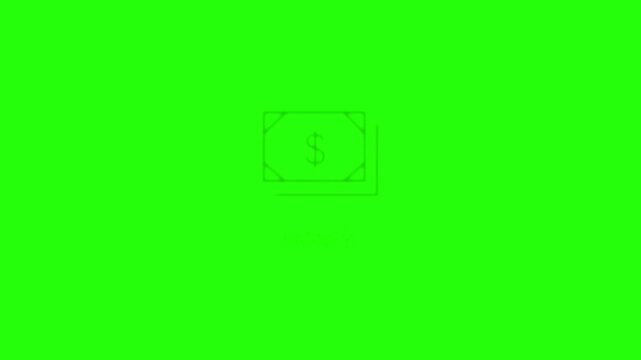 A simple line drawing of a dollar bill on a green background with text