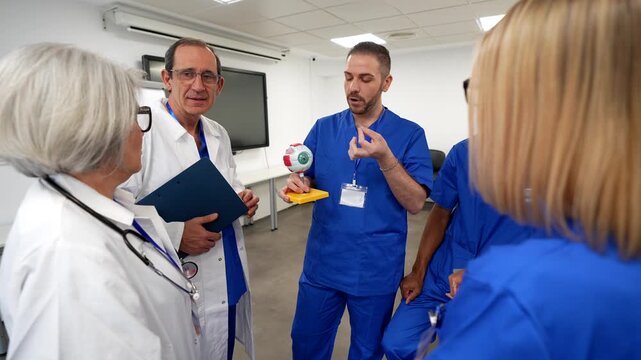 Young ophthalmology professor teaching a lesson on the human eye anatomy to a group of medical interns, using an anatomical model during a training course in a modern hospital classroom
