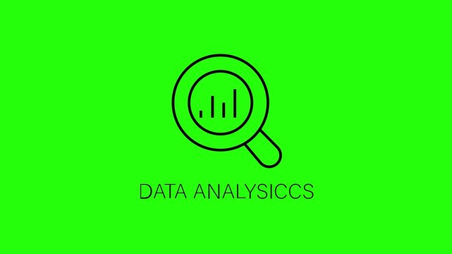 A black line icon of a magnifying glass on bright green background with data analysis text