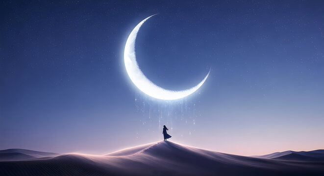 Serene solitude beneath a luminous crescent moon in a desert landscape