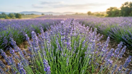 Fototapeta premium Vast lavender field in Provence at sunset with soft golden light illuminating the blooms