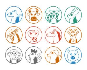 Chinese Zodiac, animals signs, horoscope, 12 earthly branches, Shengxiao, vector illustration