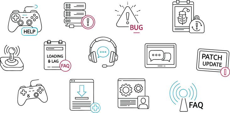 Technical Support and Gaming Service Icon Set Featuring Bug Alert, Patch Update, FAQ, Download, Controllers, Help Desk, Loading Screen, and Troubleshooting Symbols for App Design