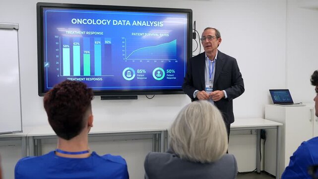 Senior doctor explaining oncology data and cancer research during a medical presentation for students and colleagues, analyzing treatment responses and patient survival rates on a digital screen