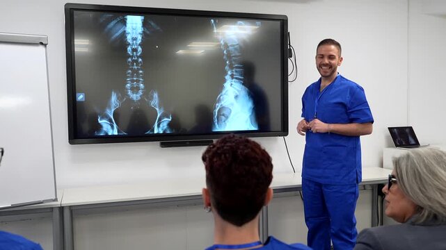 Professional radiologist in scrubs giving a lecture to medical students in a classroom, pointing at a large screen showing an x ray image of a human spine and pelvis for educational purposes