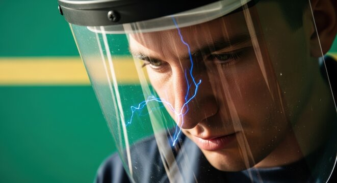 Electrician wearing protective face shield with electrical sparks reflection. Industrial worker safety concept
