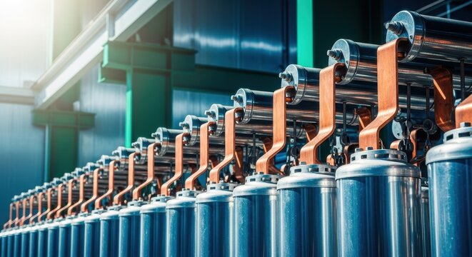 Industrial electrical components with copper busbars. Row of power distribution equipment in a factory. Electricity maintenance and technical engineering
