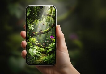 Fototapeta premium Hand holding a smartphone displaying a vibrant jungle scene with colorful frogs and a hummingbird