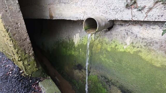 Water flowing from drainage pipe in mossy concrete gutter system for stormwater management