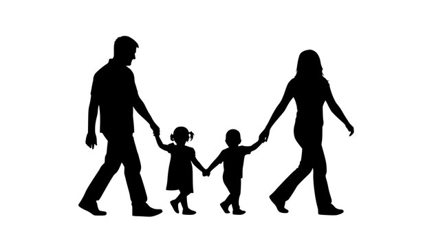 Happy family side view walking silhouette with parents and two kids holding hands black and white vector illustration isolated on white