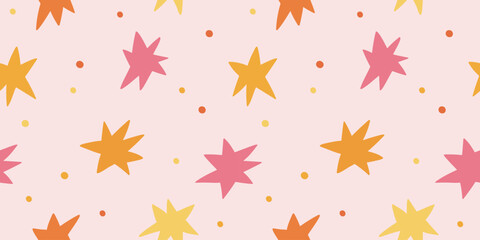 Colorful abstract starburst seamless pattern in modern playful style, perfect for textiles, wallpapers, packaging, and creative surface design. © bosotochka